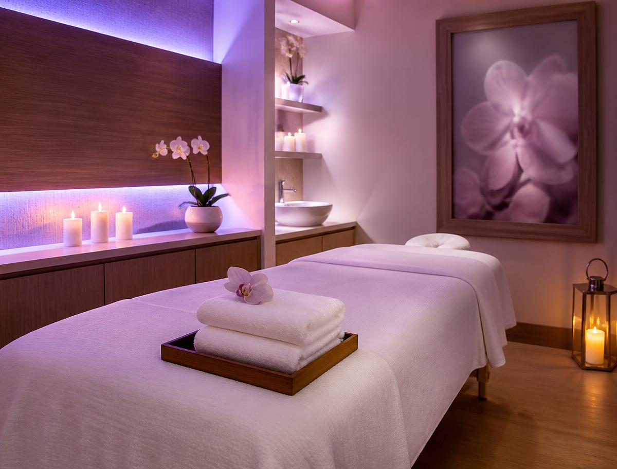 Private massage treatment room with soft pink and lavender lighting
